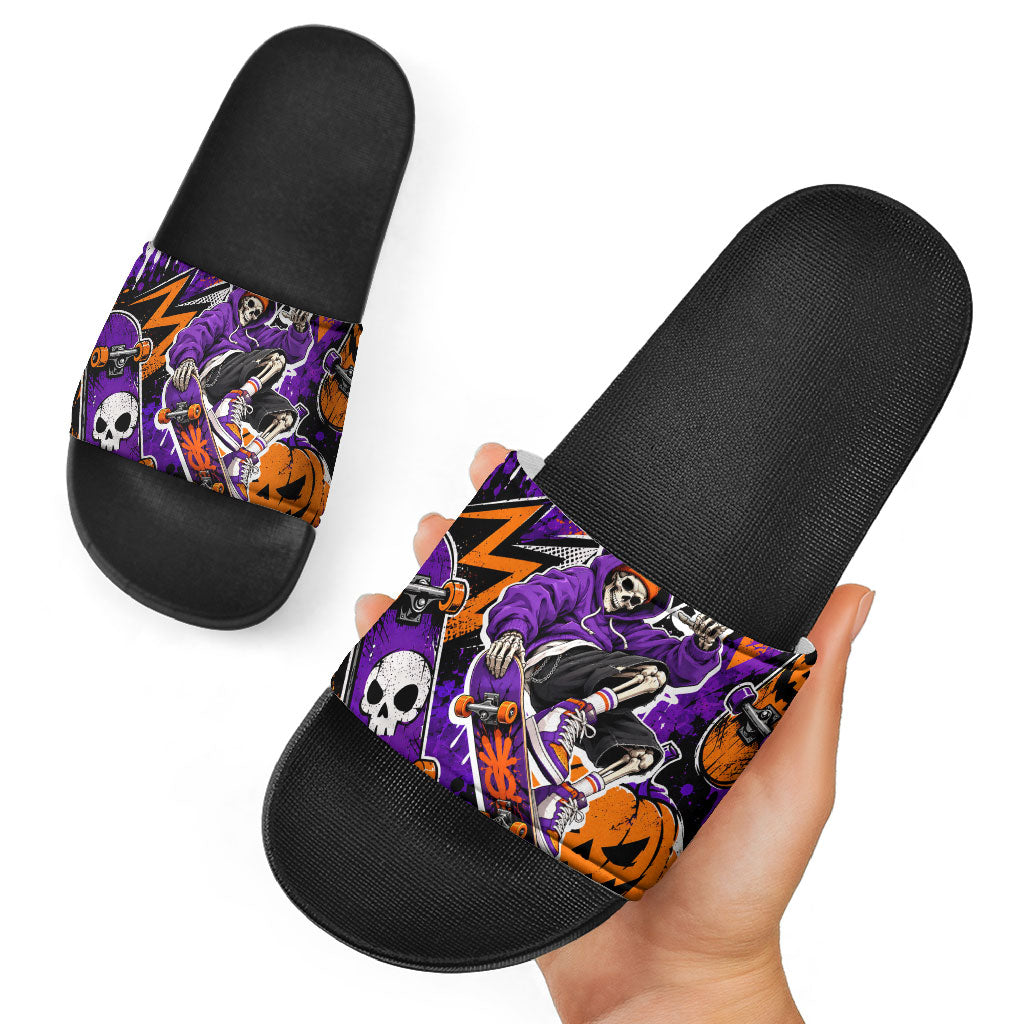 Halloween Skeleton Skateboarder Slide Sandals Graffiti Ghost Pumpkin Streetwear Graphic