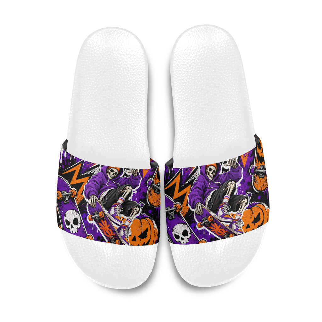 Halloween Skeleton Skateboarder Slide Sandals Graffiti Ghost Pumpkin Streetwear Graphic