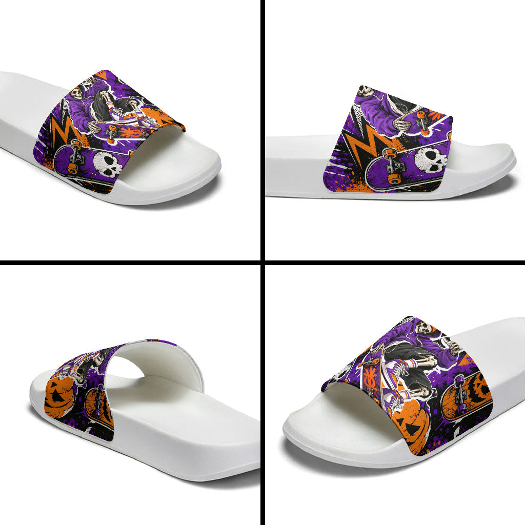 Halloween Skeleton Skateboarder Slide Sandals Graffiti Ghost Pumpkin Streetwear Graphic