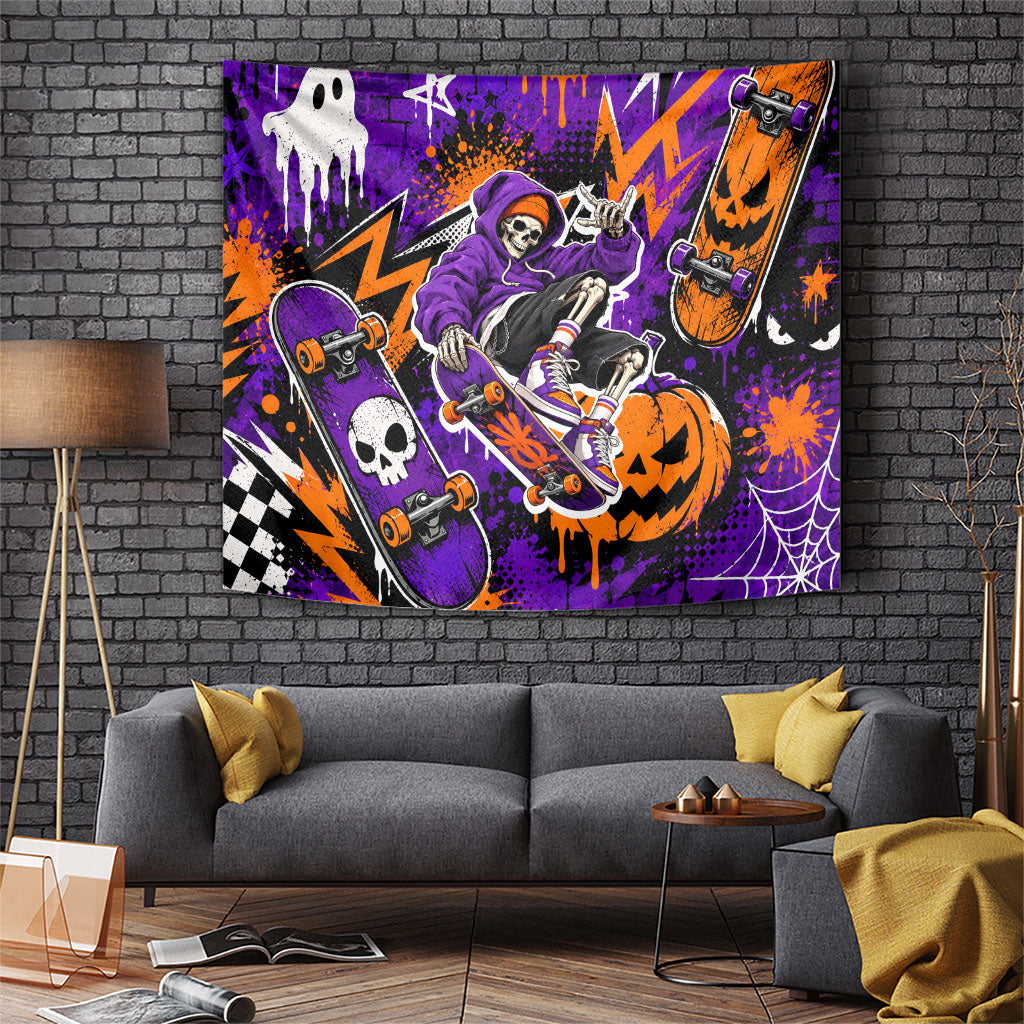 Halloween Skeleton Skateboarder Tapestry Graffiti Ghost Pumpkin Streetwear Graphic