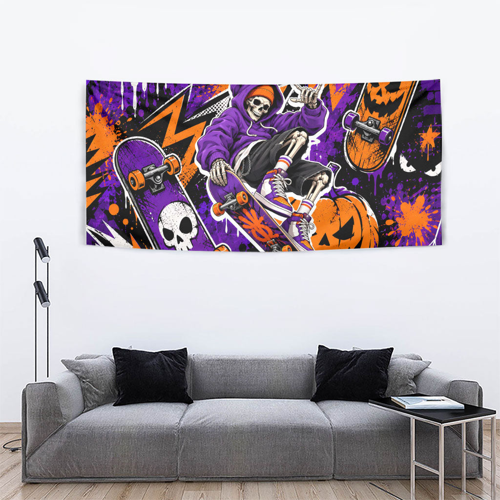 Halloween Skeleton Skateboarder Tapestry Graffiti Ghost Pumpkin Streetwear Graphic