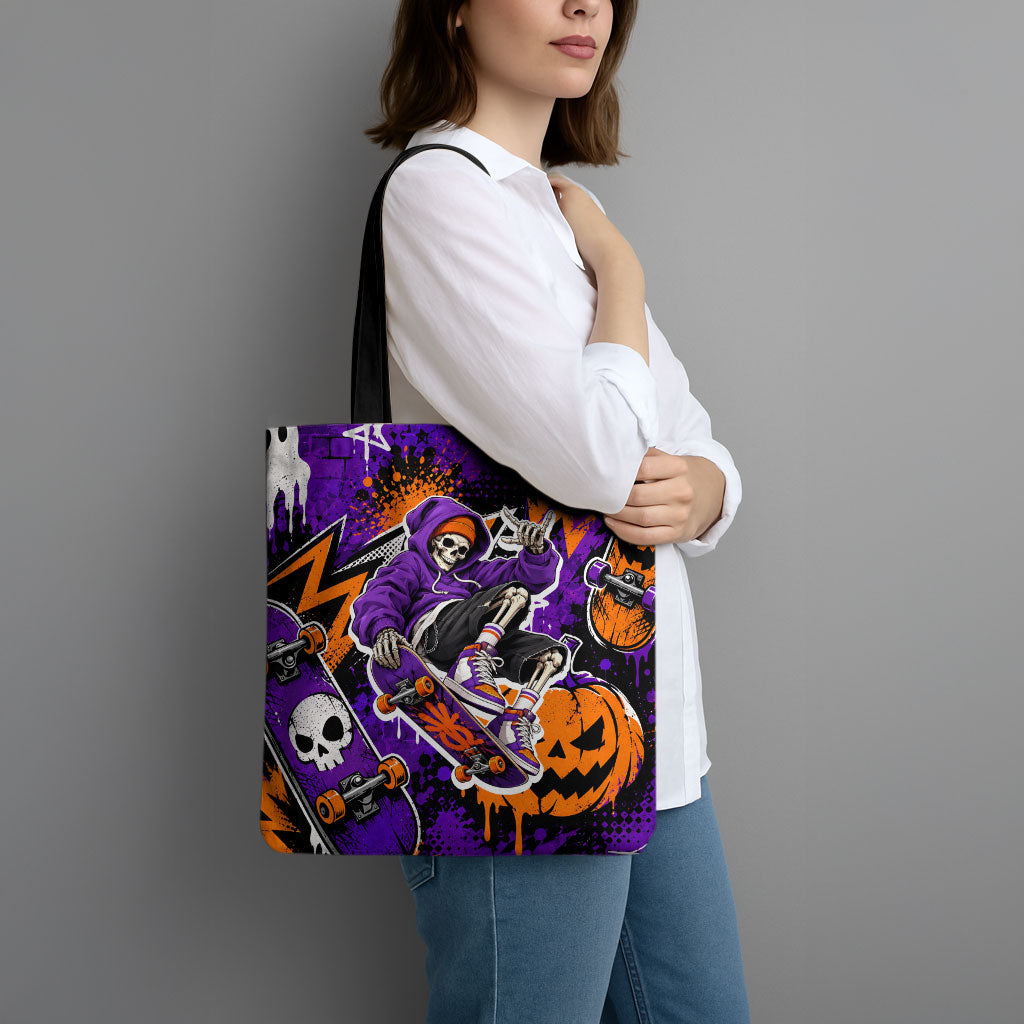 Halloween Skeleton Skateboarder Tote Bag Graffiti Ghost Pumpkin Streetwear Graphic