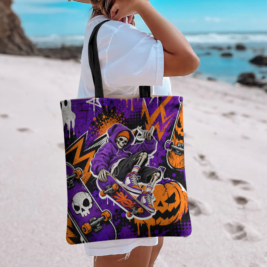 Halloween Skeleton Skateboarder Tote Bag Graffiti Ghost Pumpkin Streetwear Graphic