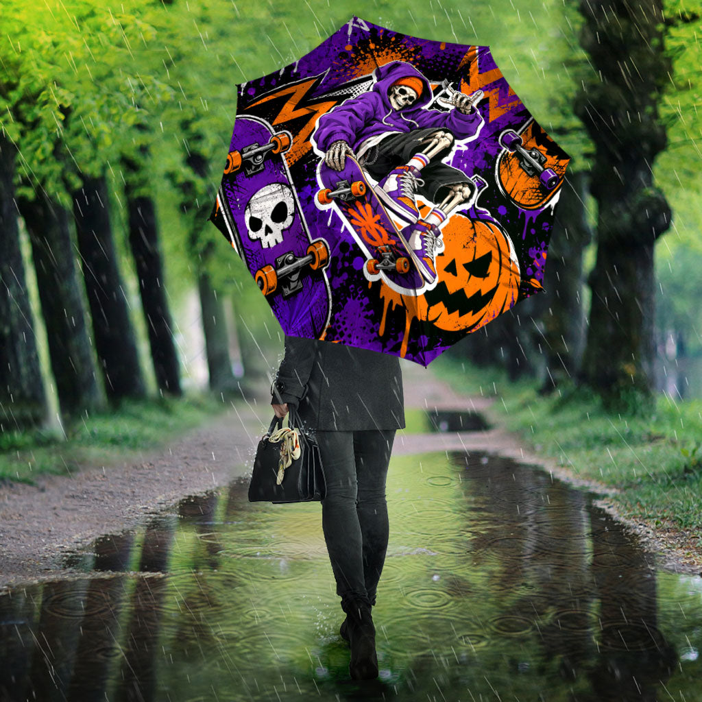 Halloween Skeleton Skateboarder Umbrella Graffiti Ghost Pumpkin Streetwear Graphic