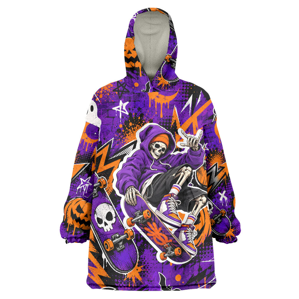 Halloween Skeleton Skateboarder Wearable Blanket Hoodie Graffiti Ghost Pumpkin Streetwear Graphic