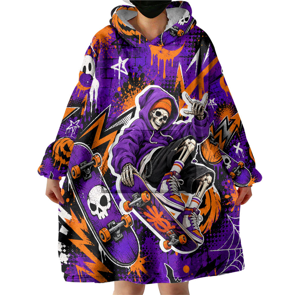 Halloween Skeleton Skateboarder Wearable Blanket Hoodie Graffiti Ghost Pumpkin Streetwear Graphic