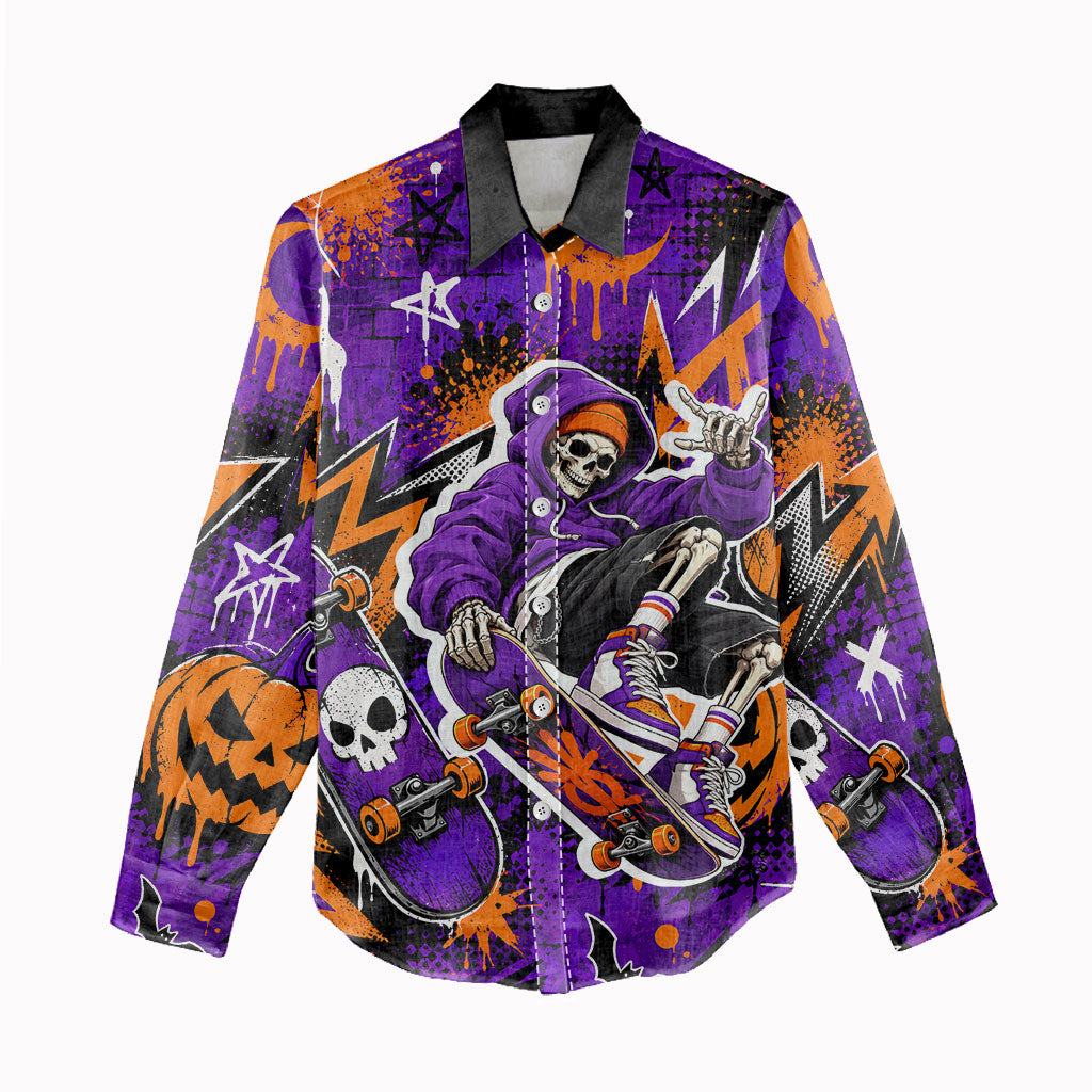 Halloween Skeleton Skateboarder Women Casual Shirt Graffiti Ghost Pumpkin Streetwear Graphic