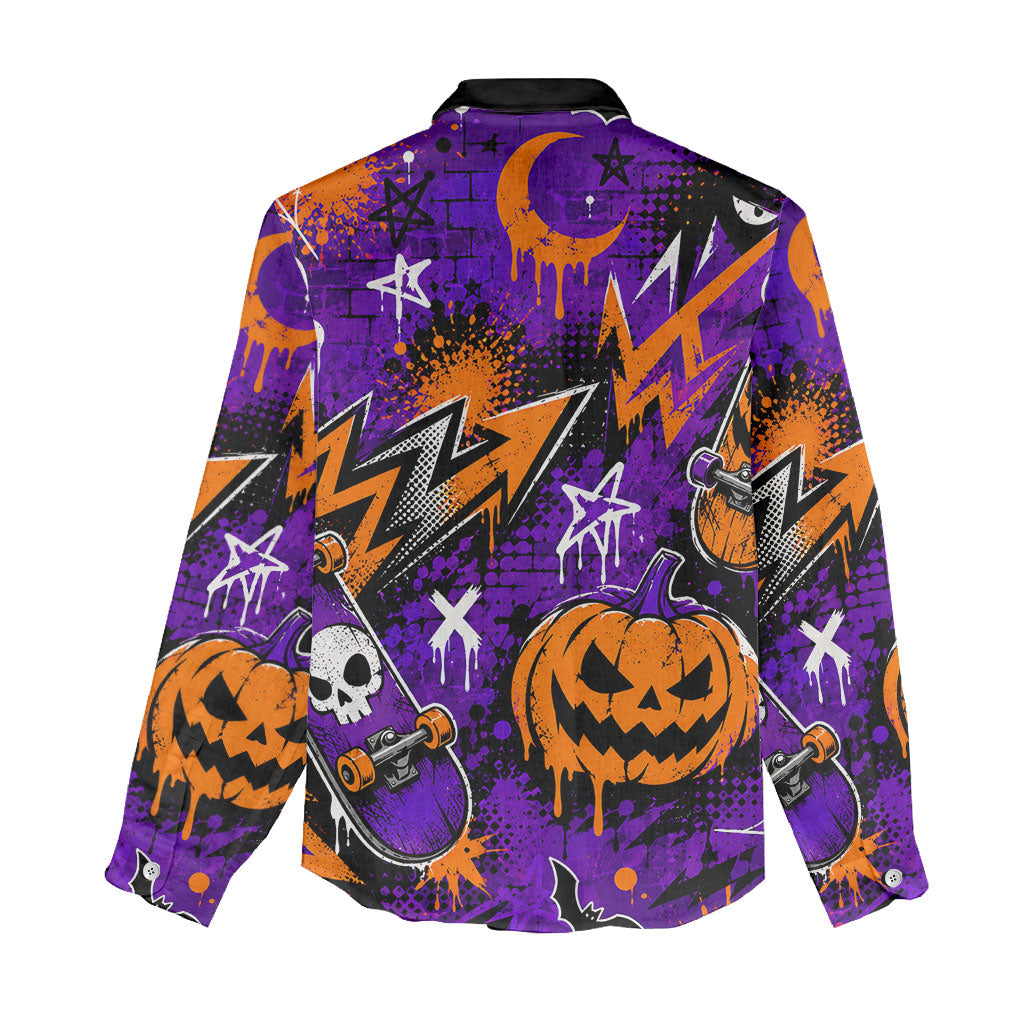 Halloween Skeleton Skateboarder Women Casual Shirt Graffiti Ghost Pumpkin Streetwear Graphic
