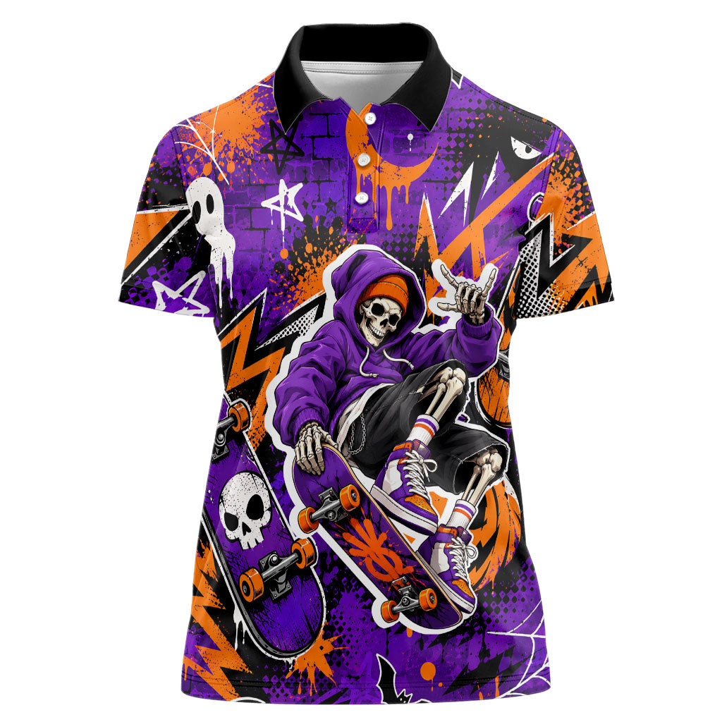 Halloween Skeleton Skateboarder Women Polo Shirt Graffiti Ghost Pumpkin Streetwear Graphic