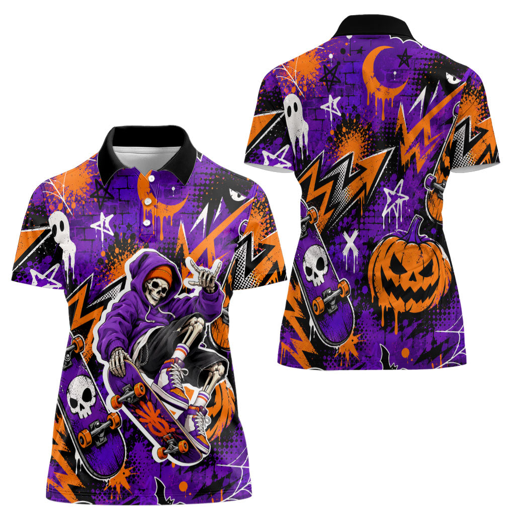 Halloween Skeleton Skateboarder Women Polo Shirt Graffiti Ghost Pumpkin Streetwear Graphic