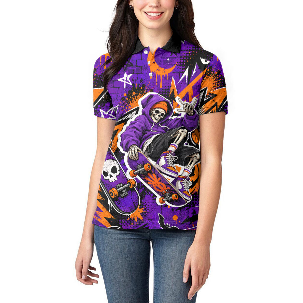 Halloween Skeleton Skateboarder Women Polo Shirt Graffiti Ghost Pumpkin Streetwear Graphic
