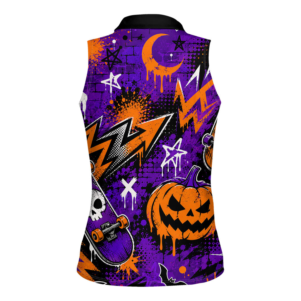 Halloween Skeleton Skateboarder Women Sleeveless Polo Shirt Graffiti Ghost Pumpkin Streetwear Graphic