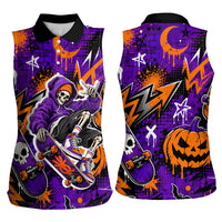 Halloween Skeleton Skateboarder Women Sleeveless Polo Shirt Graffiti Ghost Pumpkin Streetwear Graphic