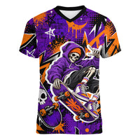 Halloween Skeleton Skateboarder Women V-Neck T-Shirt Graffiti Ghost Pumpkin Streetwear Graphic