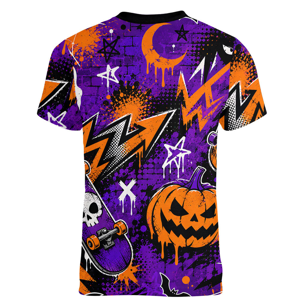Halloween Skeleton Skateboarder Women V-Neck T-Shirt Graffiti Ghost Pumpkin Streetwear Graphic