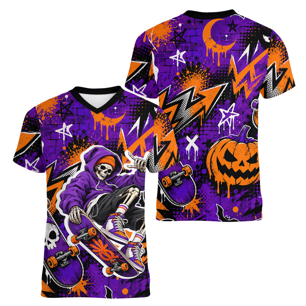 Halloween Skeleton Skateboarder Women V-Neck T-Shirt Graffiti Ghost Pumpkin Streetwear Graphic