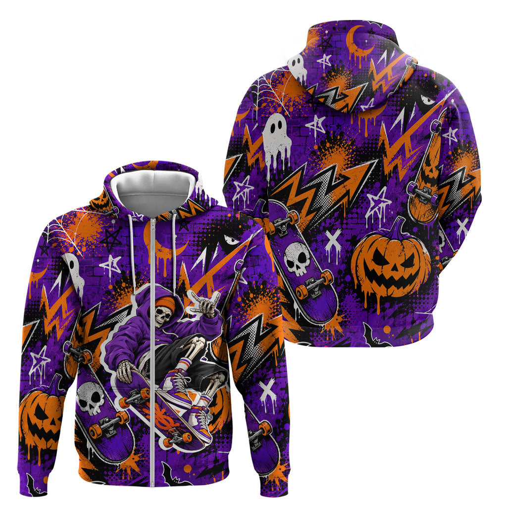 Halloween Skeleton Skateboarder Zip Hoodie Graffiti Ghost Pumpkin Streetwear Graphic