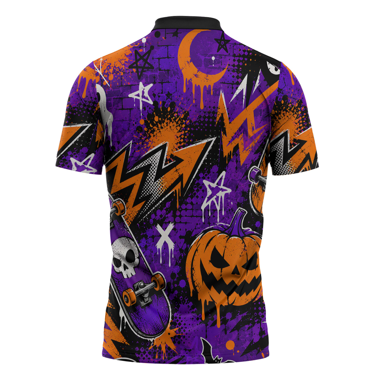 Halloween Skeleton Skateboarder Zipper Polo Shirt Graffiti Ghost Pumpkin Streetwear Graphic