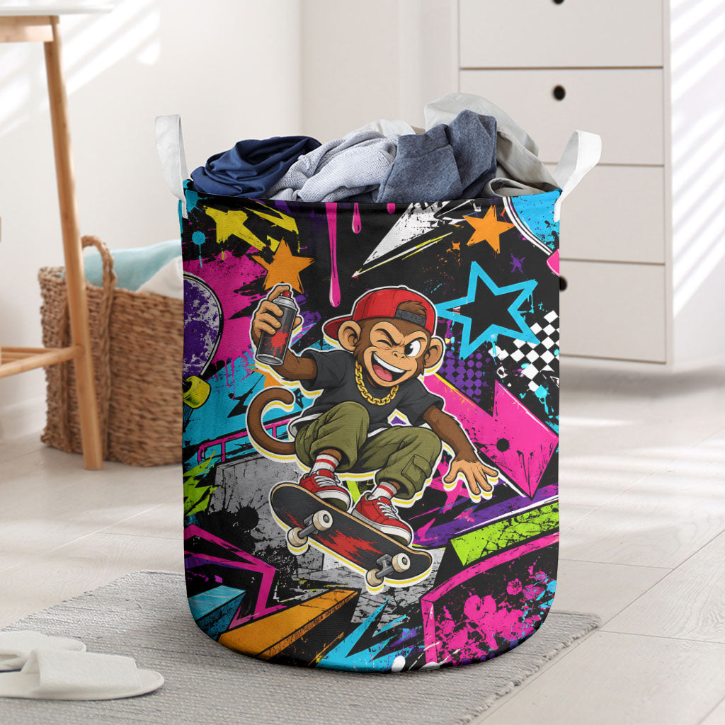 Skateboarding Monkey Laundry Basket Neon Graffiti Spray Paint Urban Streetwear Art