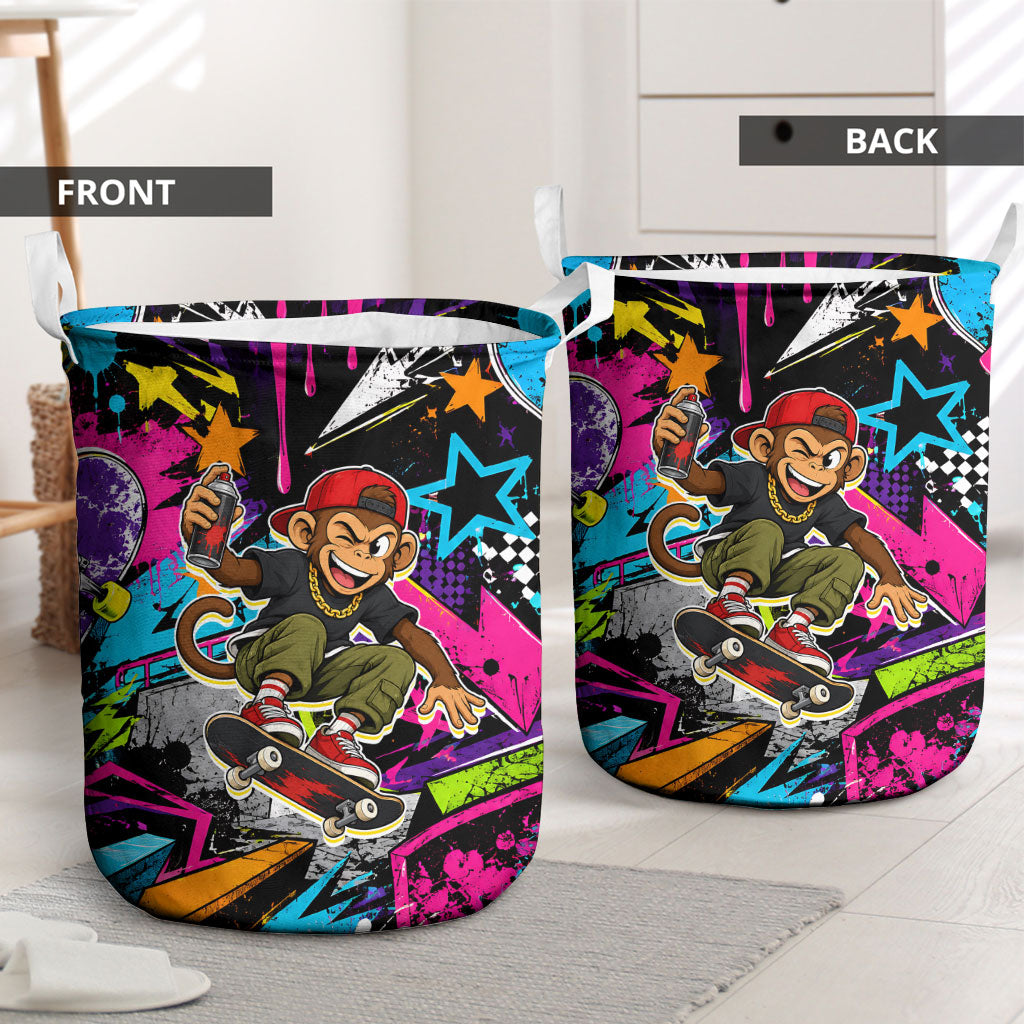 Skateboarding Monkey Laundry Basket Neon Graffiti Spray Paint Urban Streetwear Art