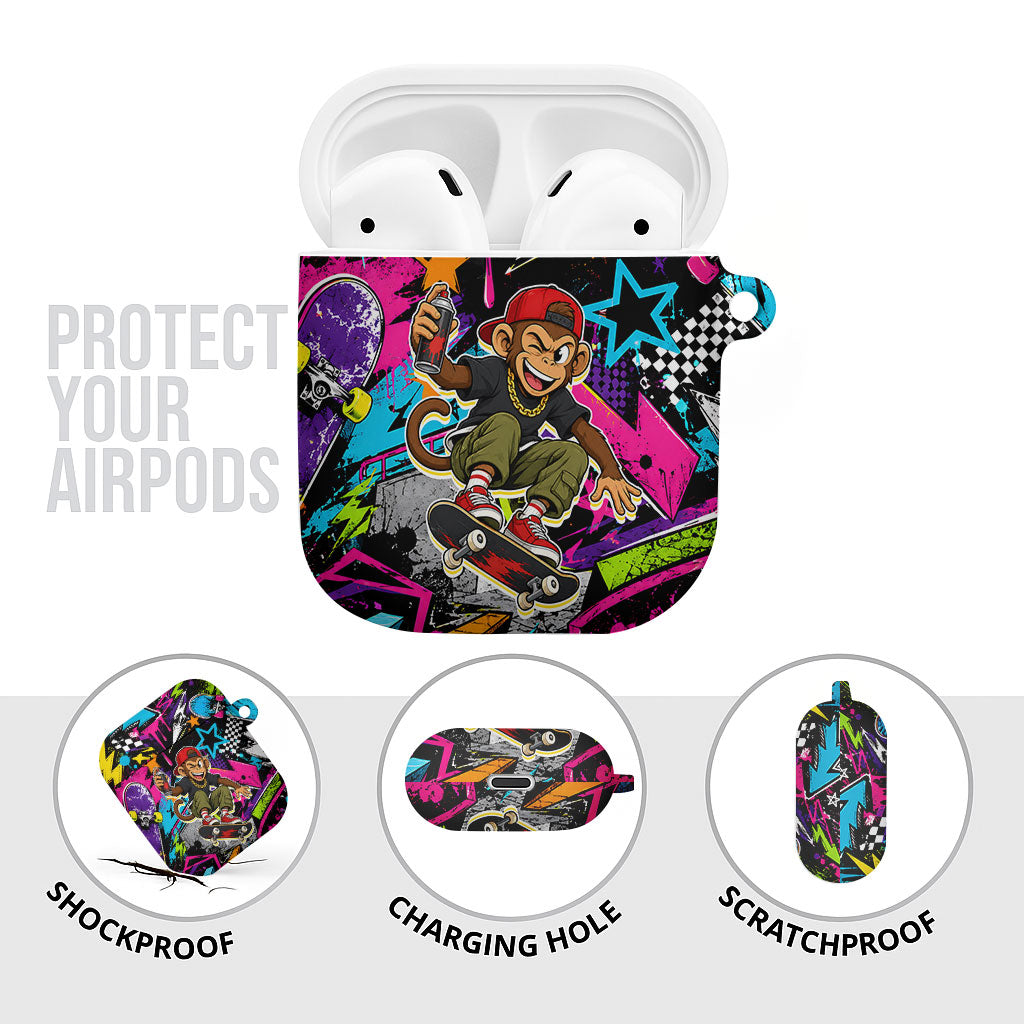 Skateboarding Monkey AirPods Case Neon Graffiti Spray Paint Urban Streetwear Art