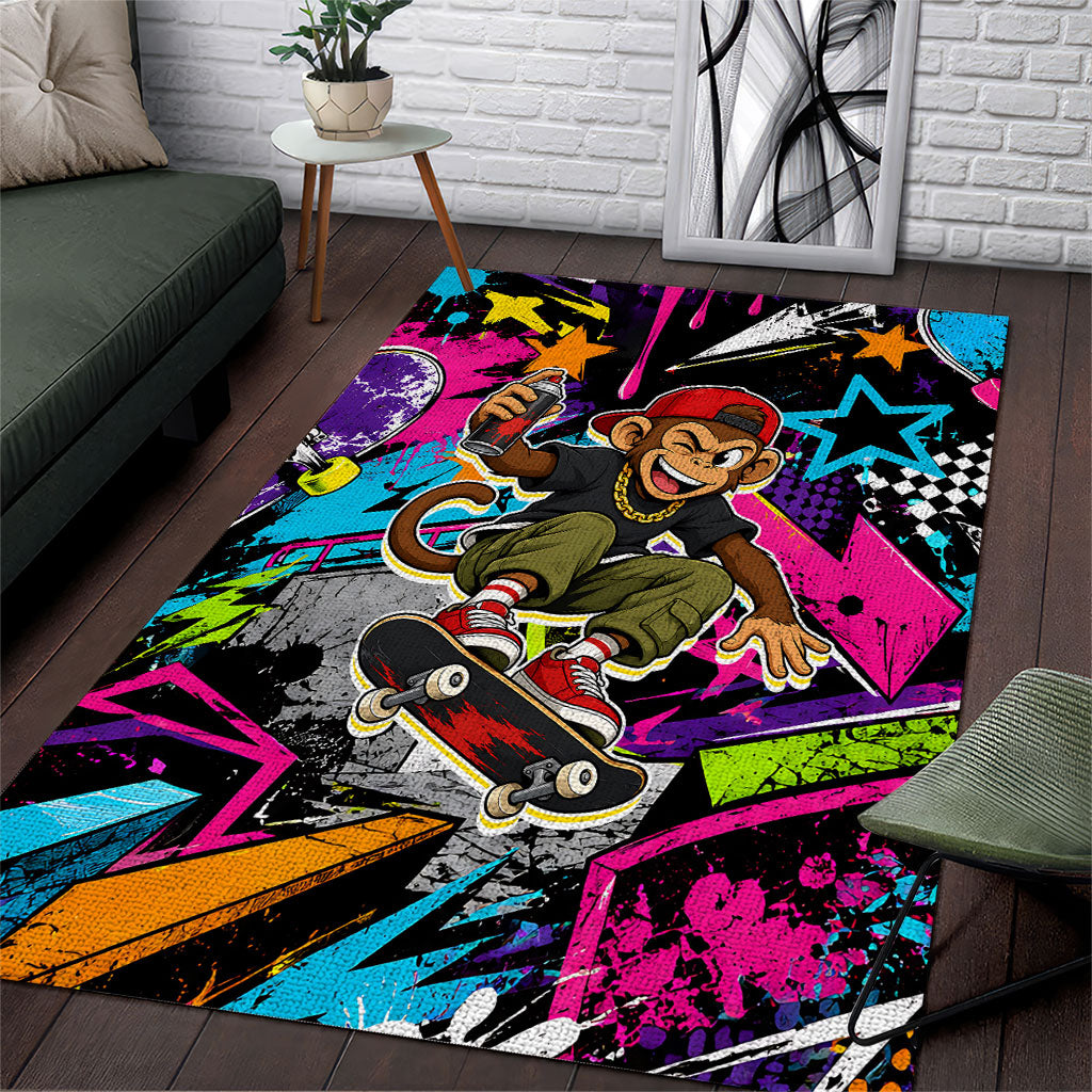 Skateboarding Monkey Area Rug Neon Graffiti Spray Paint Urban Streetwear Art