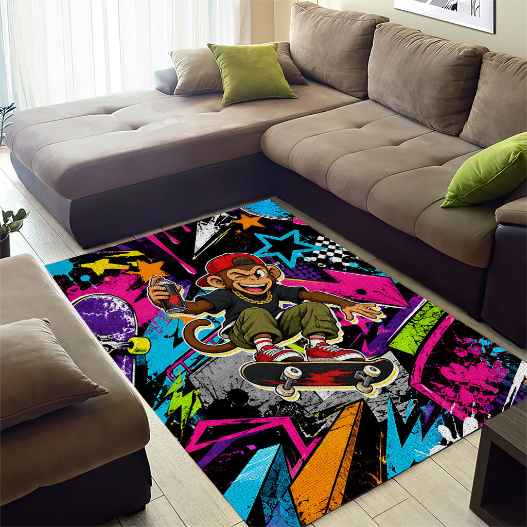 Skateboarding Monkey Area Rug Neon Graffiti Spray Paint Urban Streetwear Art