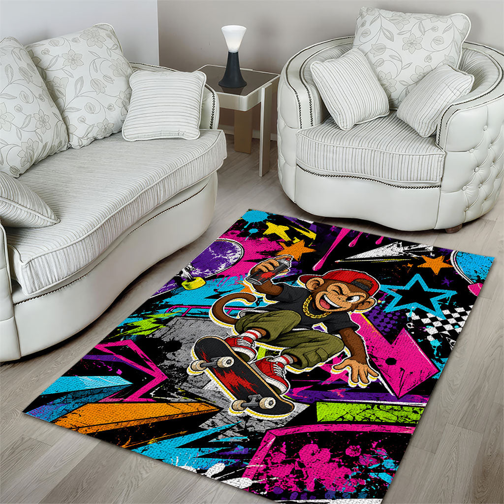 Skateboarding Monkey Area Rug Neon Graffiti Spray Paint Urban Streetwear Art