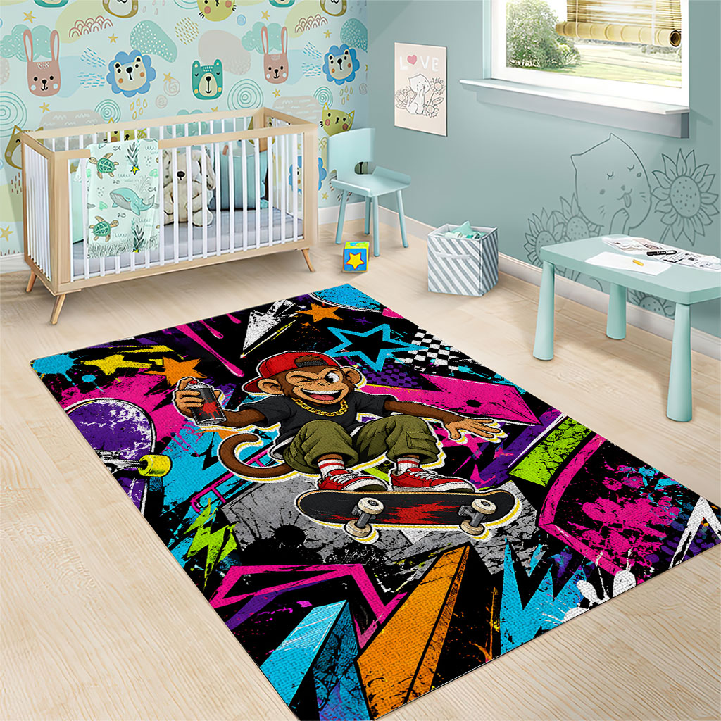 Skateboarding Monkey Area Rug Neon Graffiti Spray Paint Urban Streetwear Art