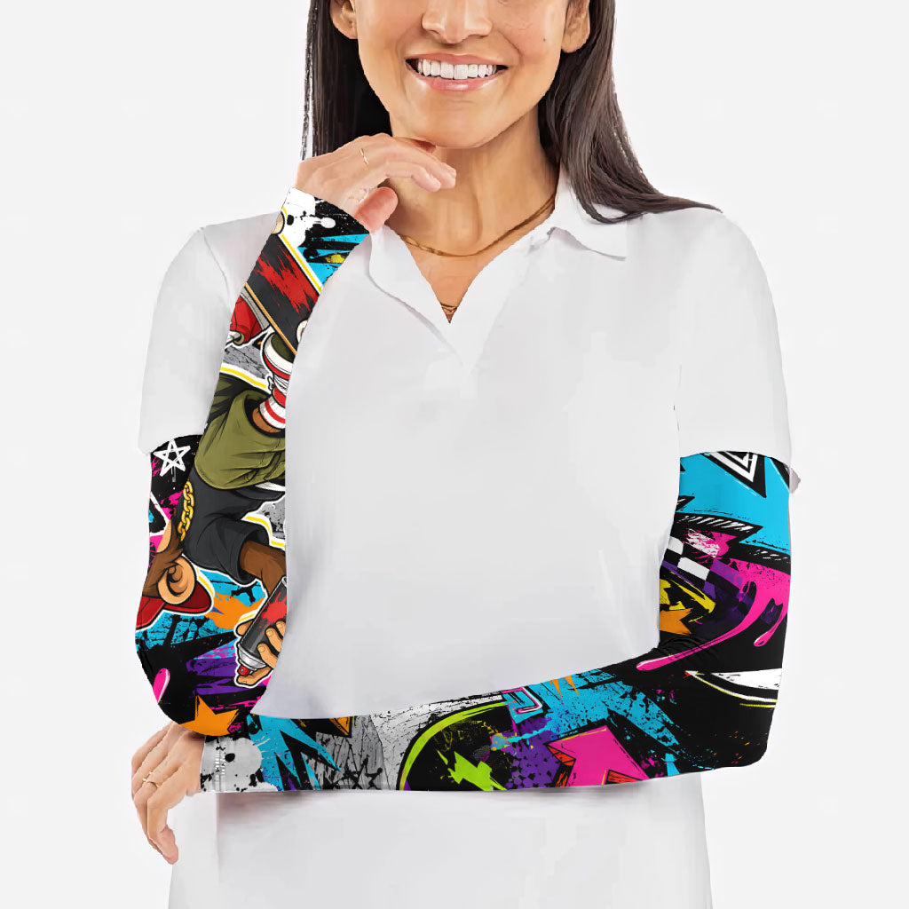 Skateboarding Monkey Arm Sleeves Neon Graffiti Spray Paint Urban Streetwear Art