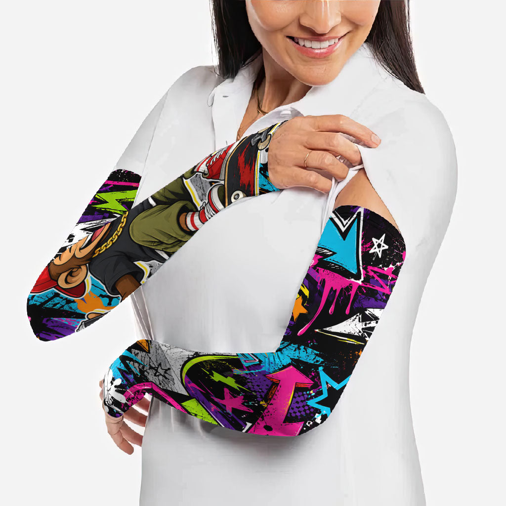 Skateboarding Monkey Arm Sleeves Neon Graffiti Spray Paint Urban Streetwear Art