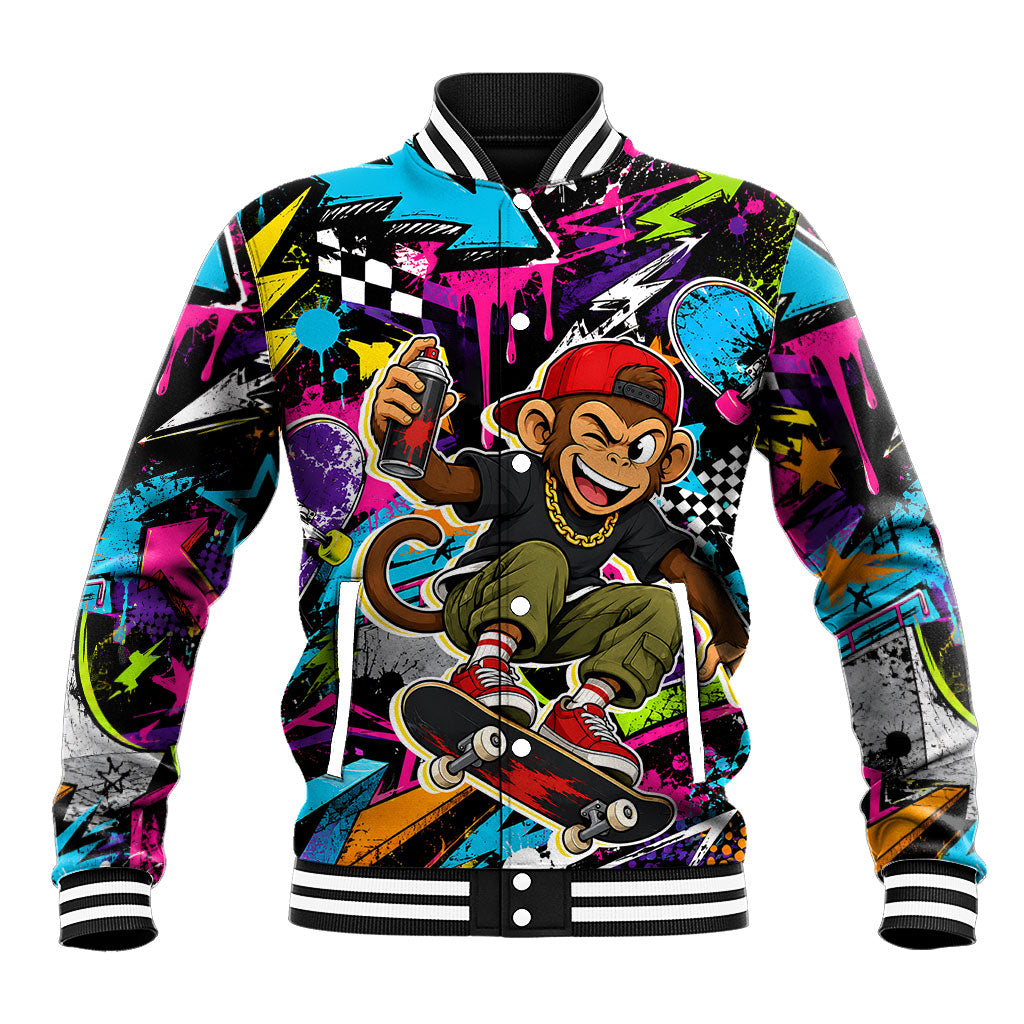 Skateboarding Monkey Baseball Jacket Neon Graffiti Spray Paint Urban Streetwear Art