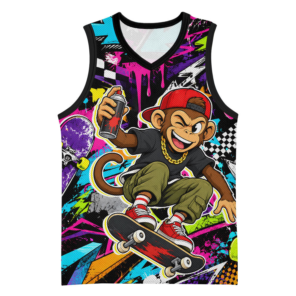 Skateboarding Monkey Basketball Jersey Neon Graffiti Spray Paint Urban Streetwear Art