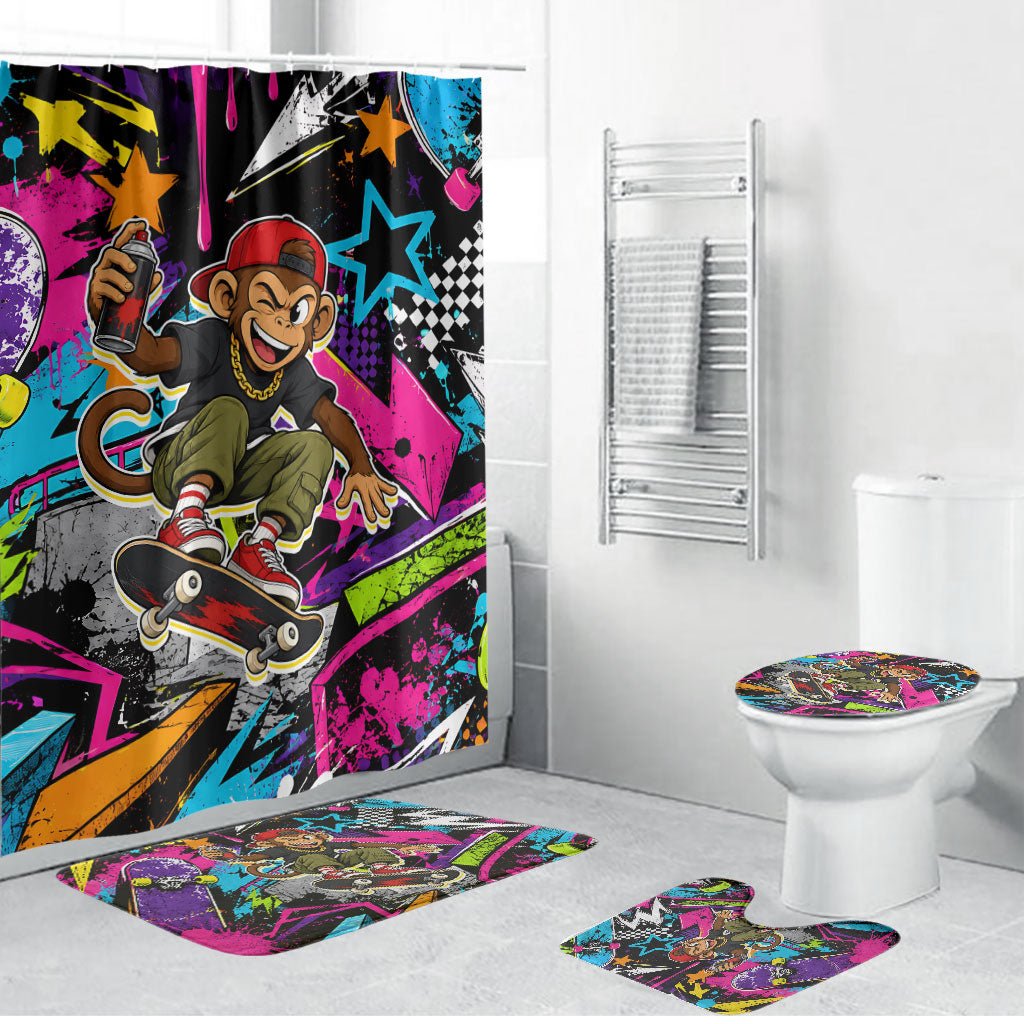 Skateboarding Monkey Bathroom Set Neon Graffiti Spray Paint Urban Streetwear Art