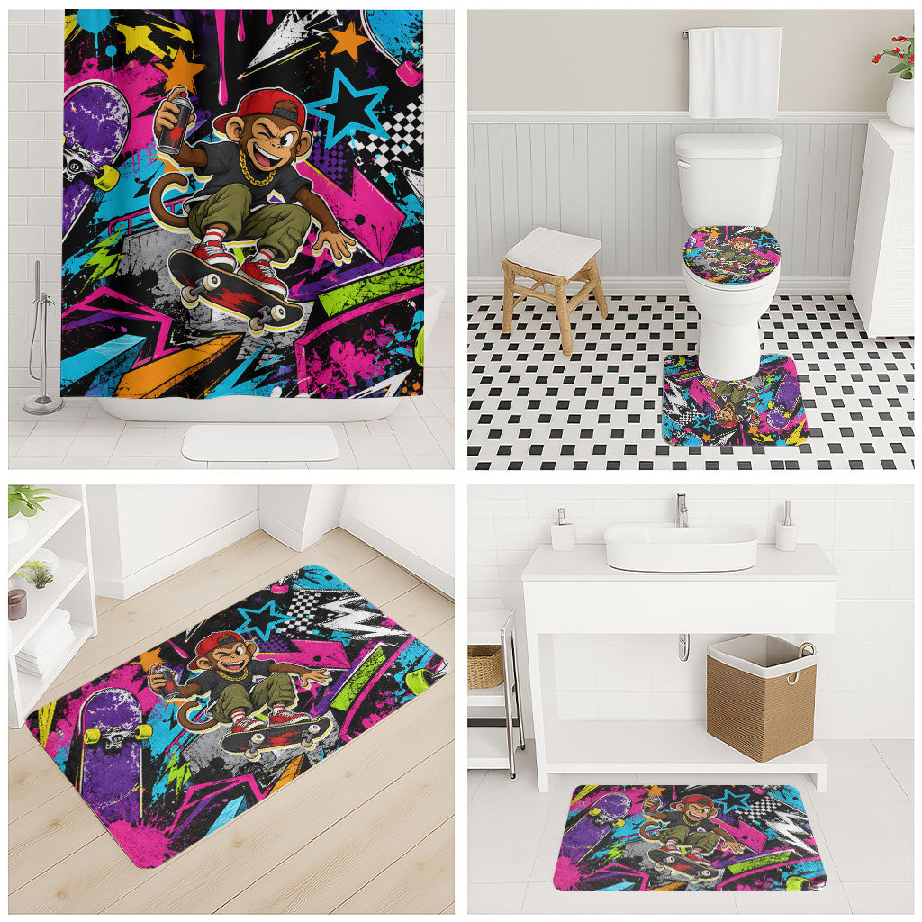 Skateboarding Monkey Bathroom Set Neon Graffiti Spray Paint Urban Streetwear Art