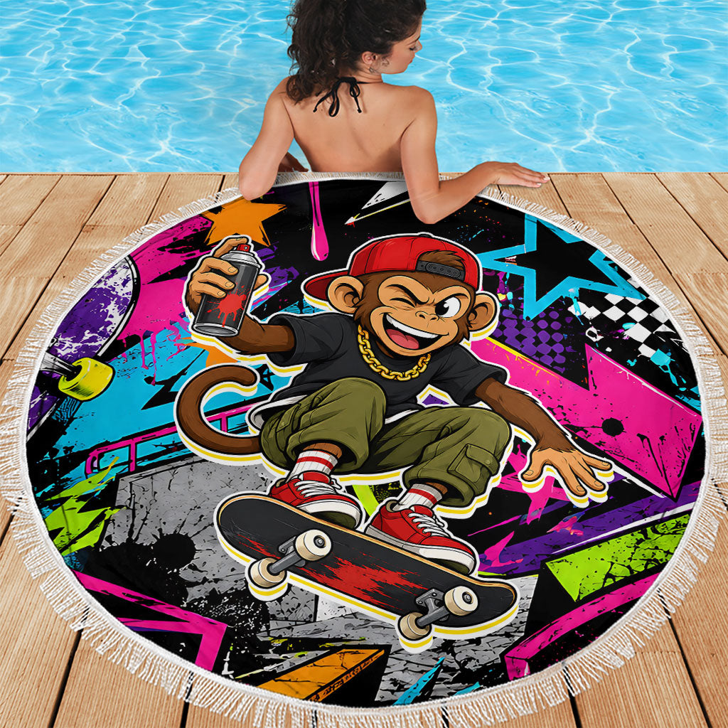 Skateboarding Monkey Beach Blanket Neon Graffiti Spray Paint Urban Streetwear Art