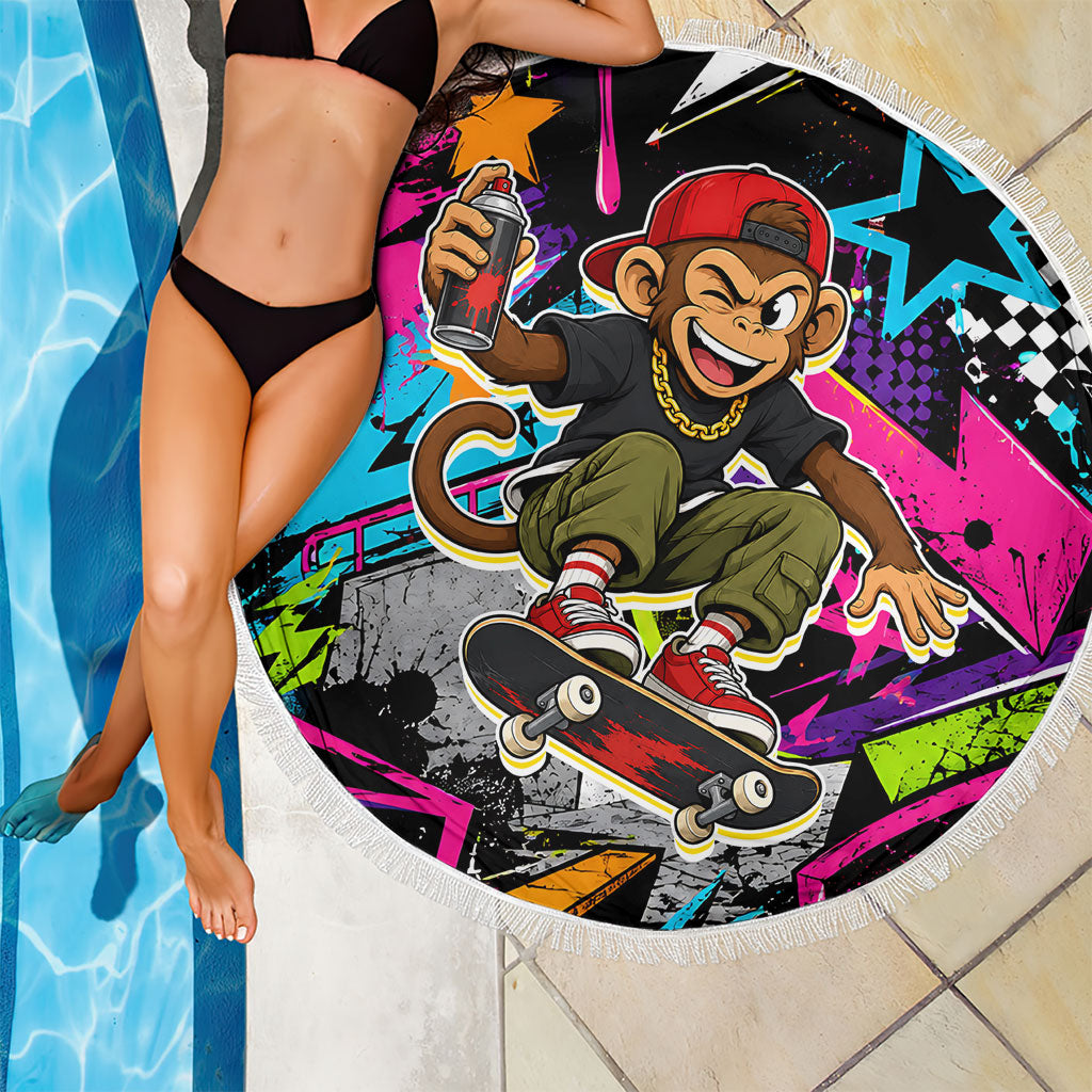 Skateboarding Monkey Beach Blanket Neon Graffiti Spray Paint Urban Streetwear Art