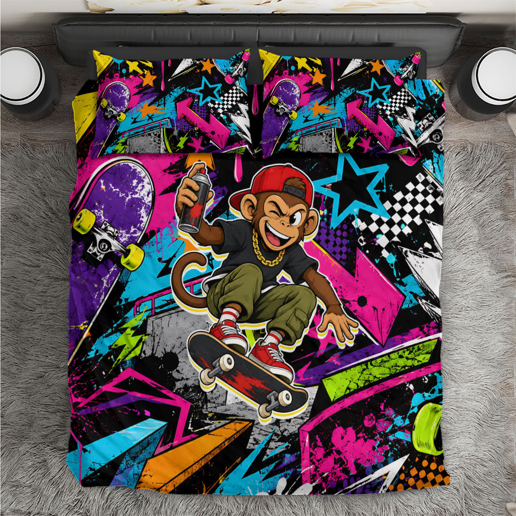 Skateboarding Monkey Bedding Set Neon Graffiti Spray Paint Urban Streetwear Art