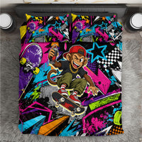 Skateboarding Monkey Bedding Set Neon Graffiti Spray Paint Urban Streetwear Art