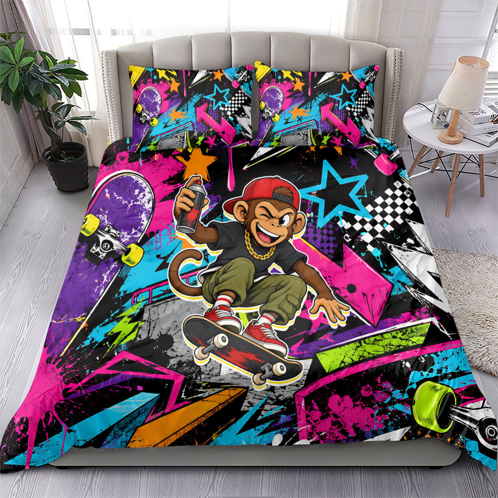 Skateboarding Monkey Bedding Set Neon Graffiti Spray Paint Urban Streetwear Art