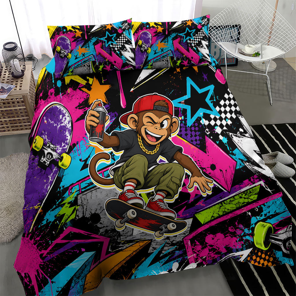 Skateboarding Monkey Bedding Set Neon Graffiti Spray Paint Urban Streetwear Art