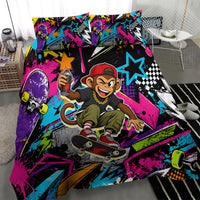 Skateboarding Monkey Bedding Set Neon Graffiti Spray Paint Urban Streetwear Art