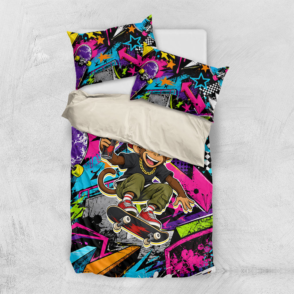 Skateboarding Monkey Bedding Set Neon Graffiti Spray Paint Urban Streetwear Art