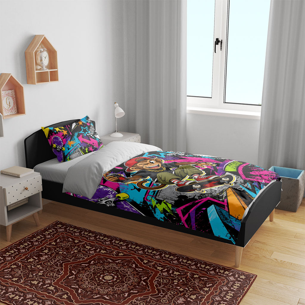 Skateboarding Monkey Bedding Set Neon Graffiti Spray Paint Urban Streetwear Art