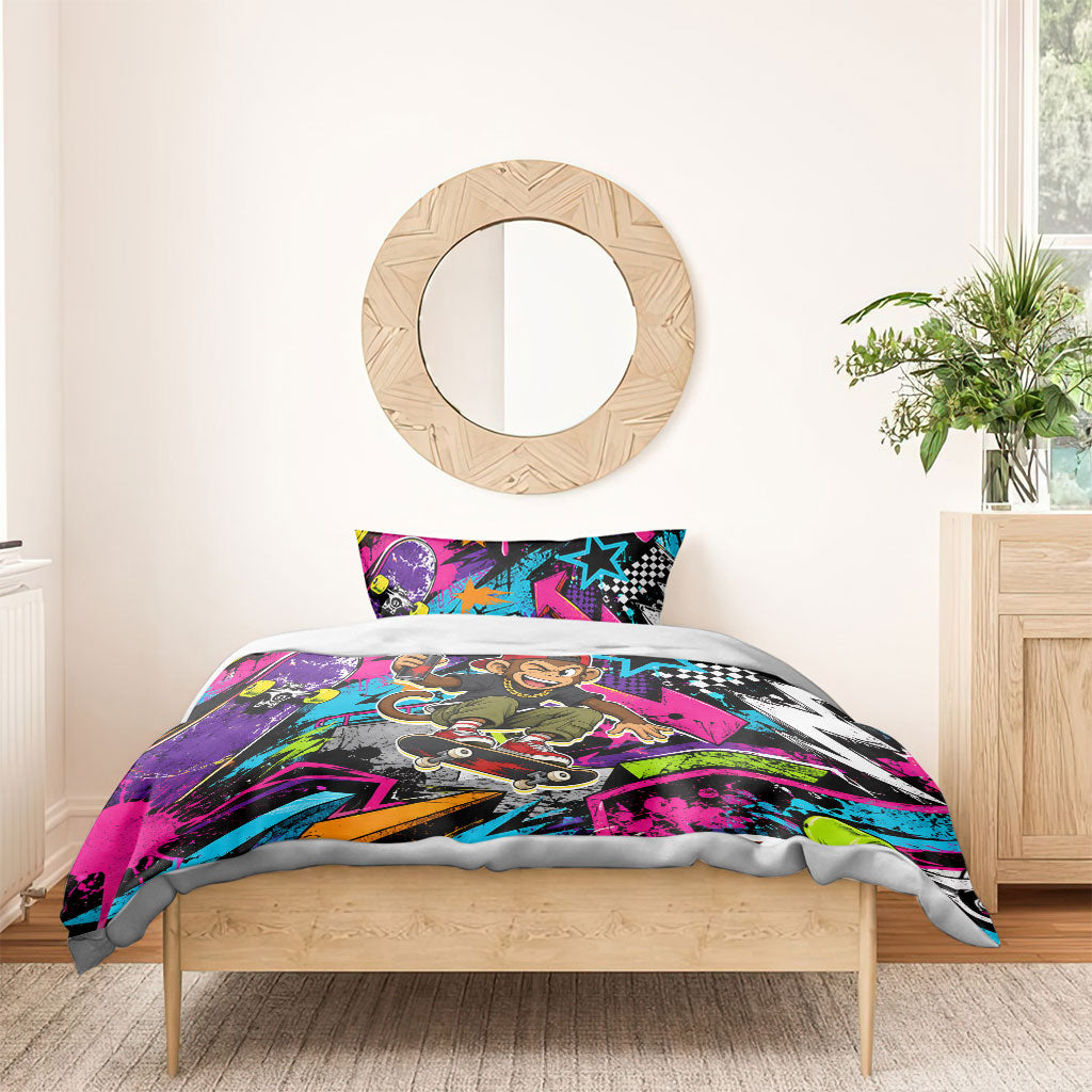 Skateboarding Monkey Bedding Set Neon Graffiti Spray Paint Urban Streetwear Art