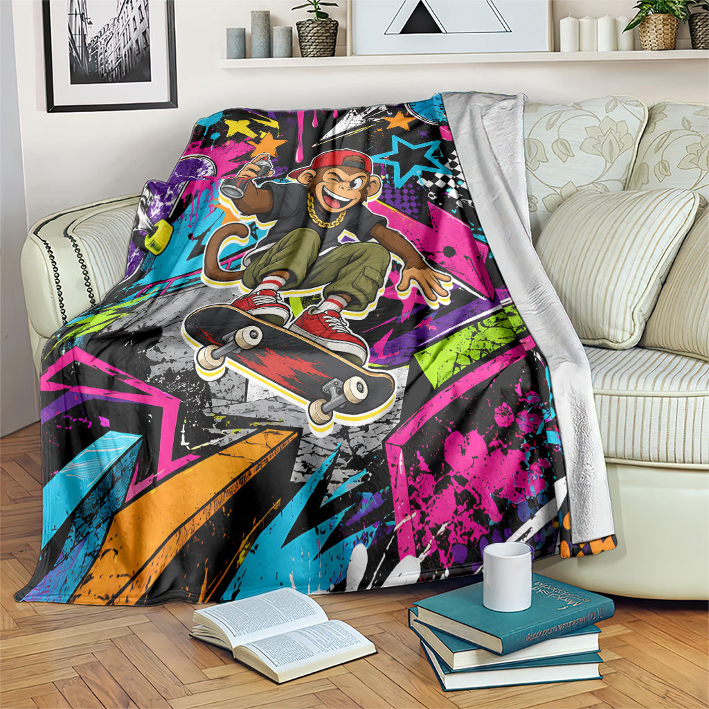 Skateboarding Monkey Blanket Neon Graffiti Spray Paint Urban Streetwear Art