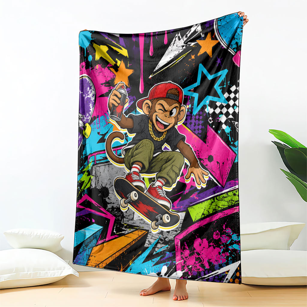 Skateboarding Monkey Blanket Neon Graffiti Spray Paint Urban Streetwear Art