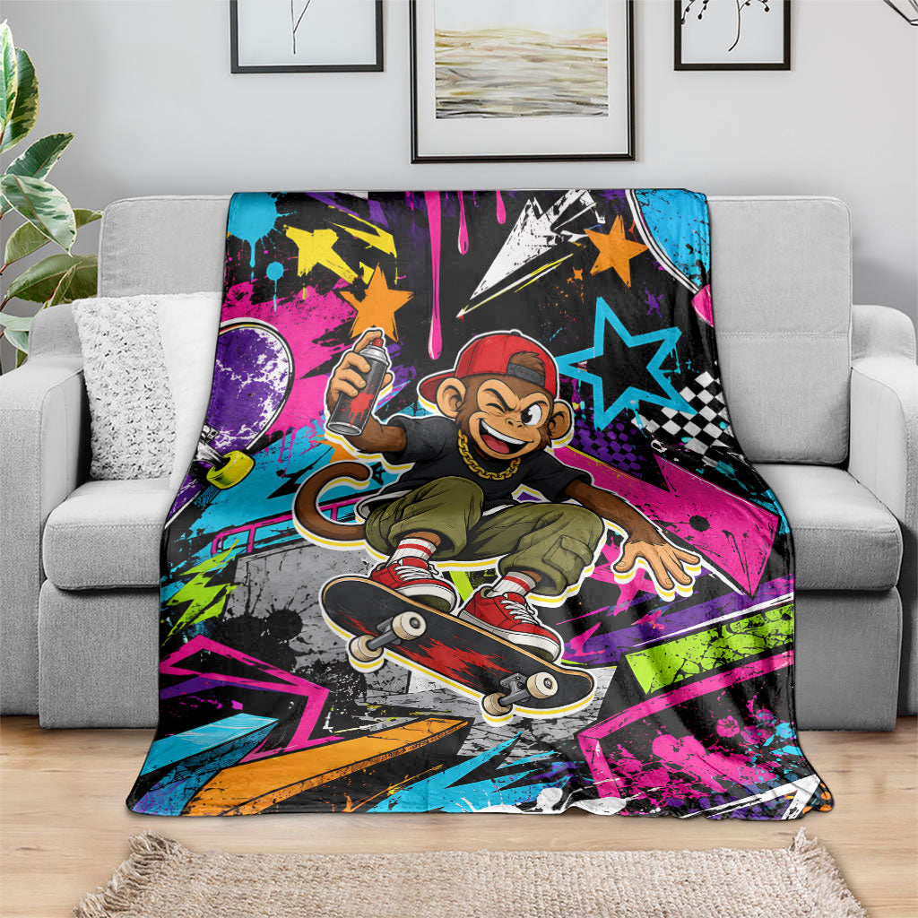 Skateboarding Monkey Blanket Neon Graffiti Spray Paint Urban Streetwear Art