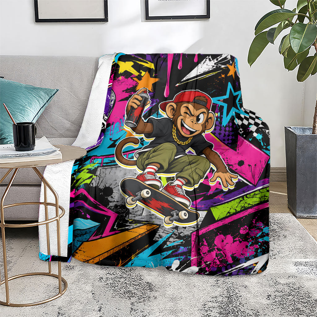 Skateboarding Monkey Blanket Neon Graffiti Spray Paint Urban Streetwear Art