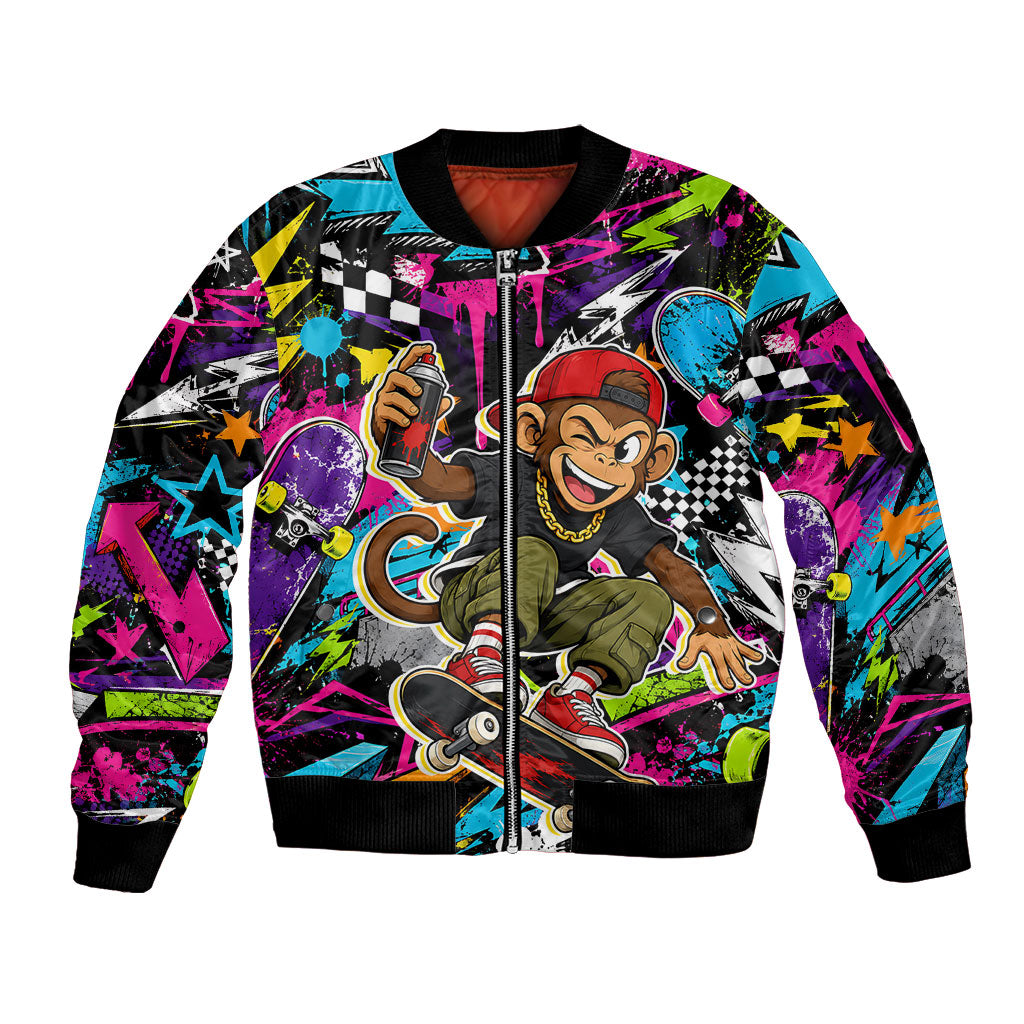Skateboarding Monkey Bomber Jacket Neon Graffiti Spray Paint Urban Streetwear Art